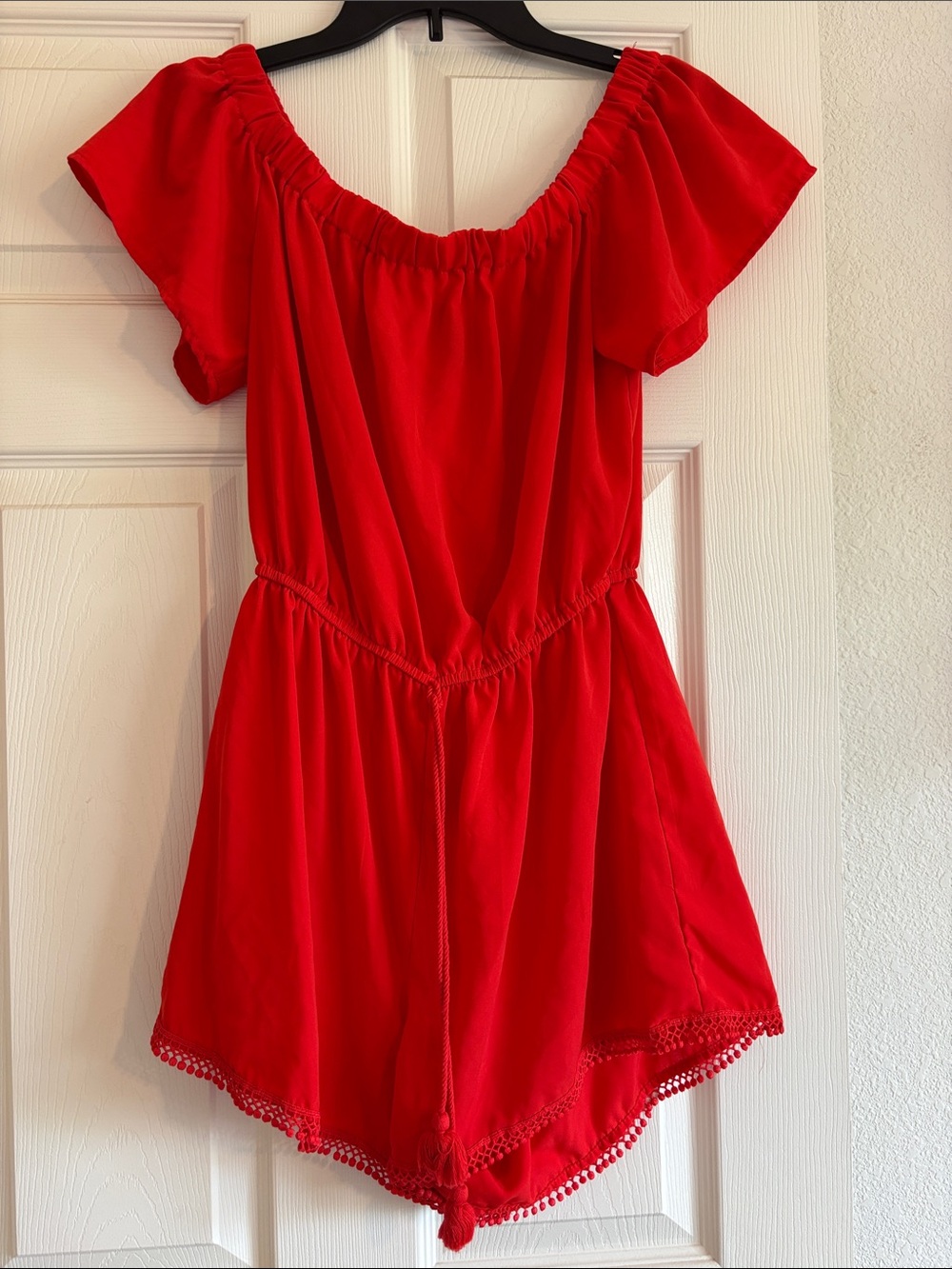 BeBop Girls Red Off-Shoulder Romper with Pom Hem